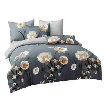 Pościel 160x200 bawełna satynowa szara w kwiaty PK724 z prześcieradłem